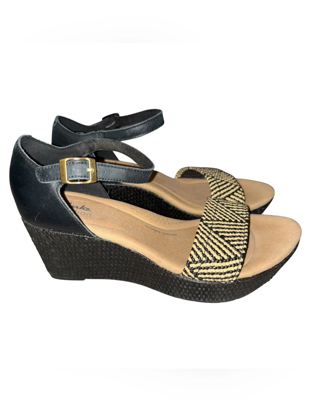 Clarks Collection Rose Ease Black Leather Ankle Strap Wedges Size 9